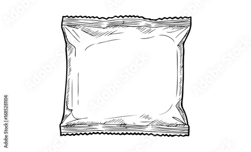 Empty snack package hand-drawn illustration with wrinkles and seals. Vector retro hand drawn illustration