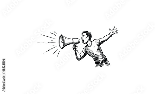 Caucasian male adult shouting through megaphone in black and white sketch. Vector retro hand drawn illustration