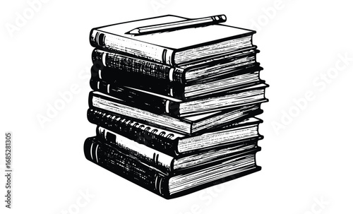 Vintage stack of books with pencil on top classic literature collection in black and white illustration. Vector retro hand drawn illustration