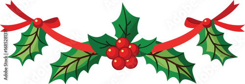 Christmas fir garlands, red bow and jingle bells. Flat vector illustration on transparent background