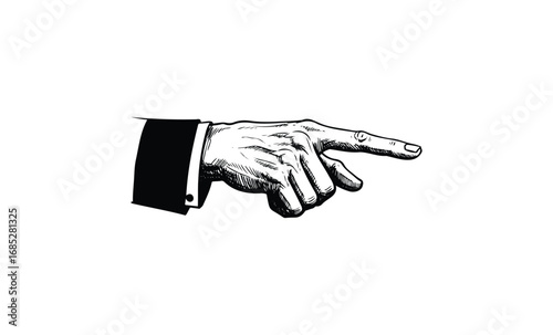 Vintage engraving of a pointing hand in black and white. Vector retro hand drawn illustration