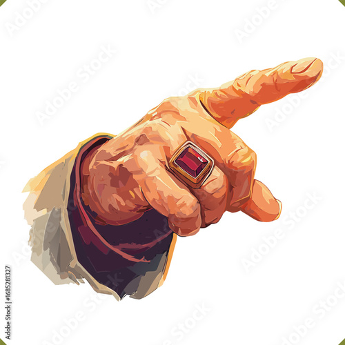 Vector illustration of a human hand with a red gemstone ring pointing forward, detailed style, isolated on a white background