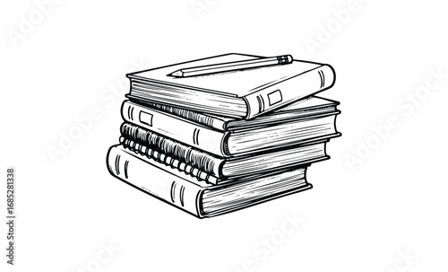 Stack of classic hardcover books with pen on top in black and white illustration. Vector retro hand drawn illustration