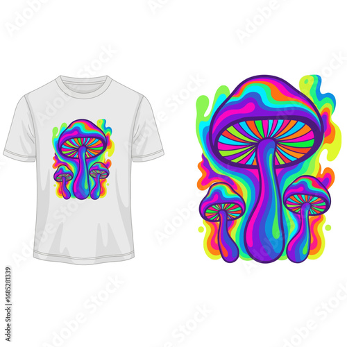 Abstract Psychedelic Mushroom T-Shirt Vector.
Vibrant Vector Illustration for T-Shirt Design Featuring a Psychedelic Mushroom and Abstract Colorful Shapes