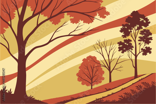 Abstract Autumn Landscape Illustration with Trees and Warm Color Palette Creating a Serene and Peaceful Forest Scene Perfect for Backgrounds and Graphic Designs
