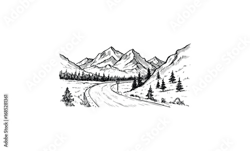 Monochrome mountain landscape with road and pine trees. Vector retro hand drawn illustration