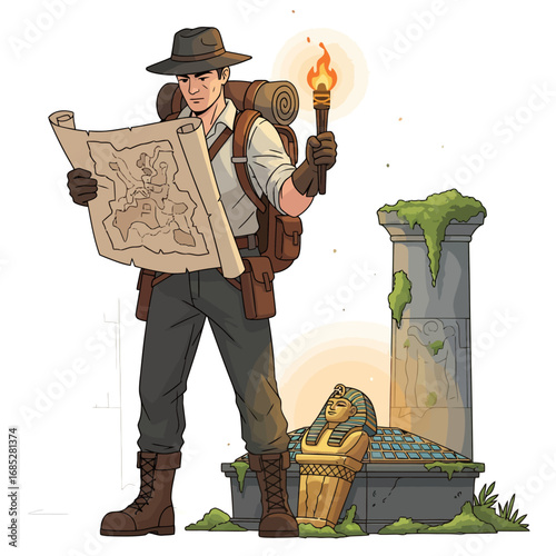 Ancient Temple Treasure Hunter Vector Icon. Vector Illustration of a Male Archaeologist with a Map Discovering Lost Treasure in an Ancient Ruin