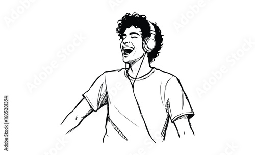 Young african male joyfully listening to music with headphones. Vector retro hand drawn illustration