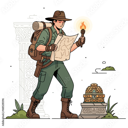 Ancient temple treasure hunter vector.ai illustration of an explorer with a torch and map standing near an ancient ruin and a treasure chest