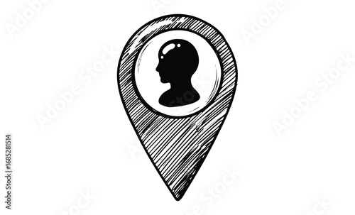 Sketch of geolocation pin with human silhouette profile. Vector retro hand drawn illustration