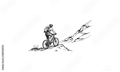 Adult cyclist climbing uphill trail on mountain bike in scenic landscape illustration. Vector retro hand drawn illustration