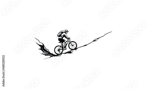 Mountain biking adventure: cyclist ascends steep rocky path silhouette artwork. Vector retro hand drawn illustration