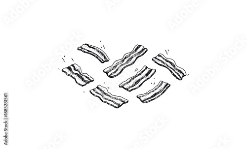 Six hand-drawn strips of bacon illustration with rustic details. Vector retro hand drawn illustration