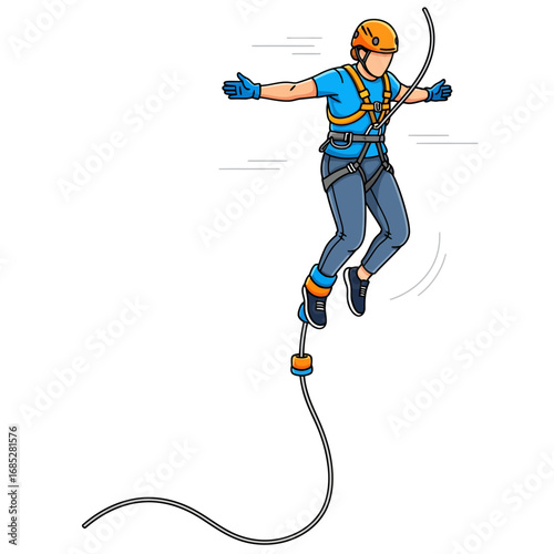 Bungee jumping adventure character.ai illustration of a man with a helmet and harness mid-jump, capturing the excitement and thrill of this extreme sport