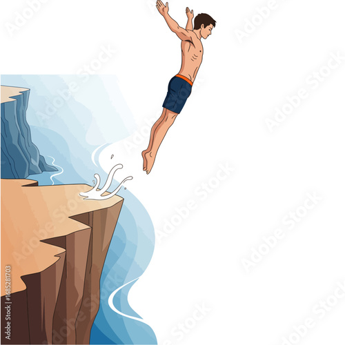 Cliff diving extreme adventure icon.ai illustration of a man diving from a high cliff into the sea, capturing the thrill and risk of the sport