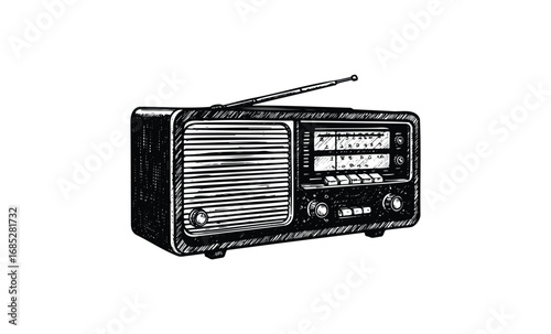 Vintage black and white radio sketch with antenna and control knobs. Vector retro hand drawn illustration