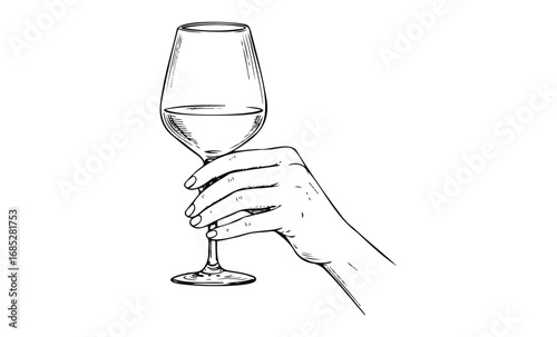 Hand holding wine glass line art drawing. Vector retro hand drawn illustration