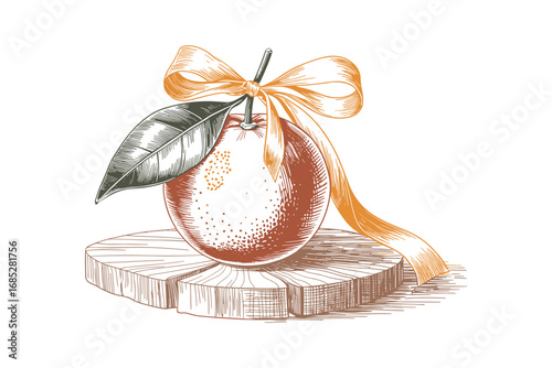 Elegant Orange Fruit Vector Illustration with Ribbon on Wood Slice in Hand Drawn Style