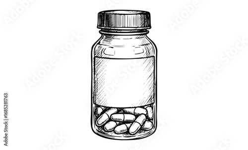 Hand-drawn sketch of medicine bottle with capsules inside. Vector retro hand drawn illustration