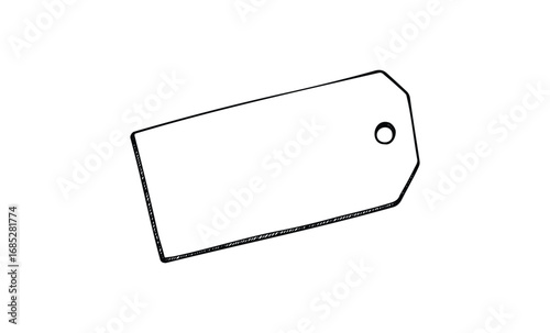 Blank rectangular price tag illustration with hole for labeling. Vector retro hand drawn illustration
