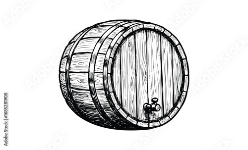 Hand-drawn wooden barrel illustration with tap in vintage style. Vector retro hand drawn illustration