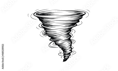 Dynamic black and white tornado drawing with swirling spiral pattern. Vector retro hand drawn illustration