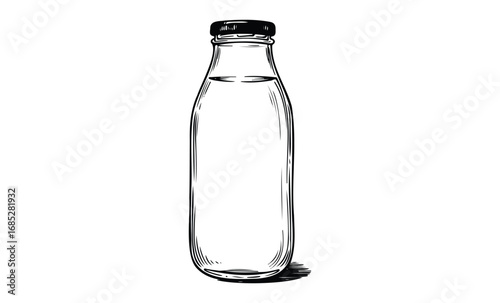 Black and white sketch of a glass milk bottle with black cap. Vector retro hand drawn illustration