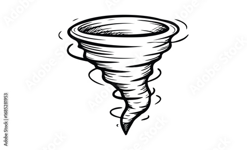 Monochrome spiral tornado illustration with dynamic swirling vortex. Vector retro hand drawn illustration