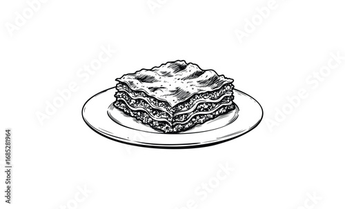 Vintage illustration of lasagna slice on plate classic hand-drawn pasta dish. Vector retro hand drawn illustration