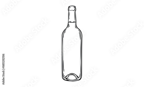 Outline drawing of an empty glass wine bottle with detailed curves. Vector retro hand drawn illustration