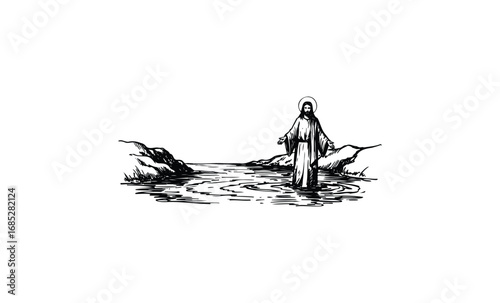 Religious illustration of christ walking on water with open arms and halo. Vector retro hand drawn illustration