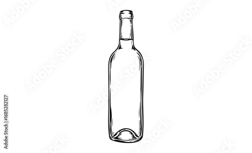 Detailed black and white sketch of an empty wine bottle. Vector retro hand drawn illustration