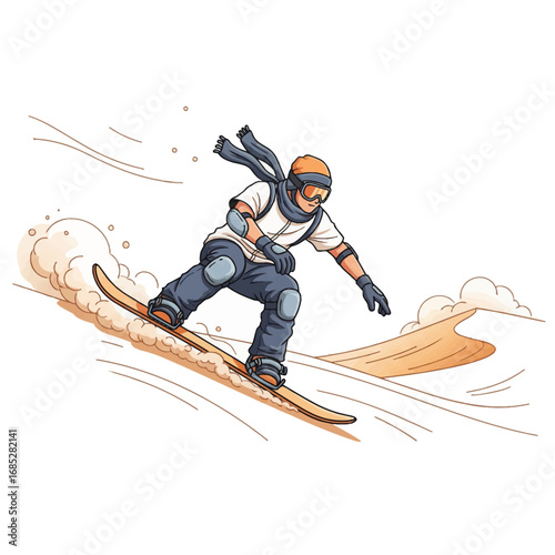 Extreme sandboarding desert adventurer.ai illustration of a thrill-seeker sandboarding down a dune in the desert, perfect for sports and travel themes