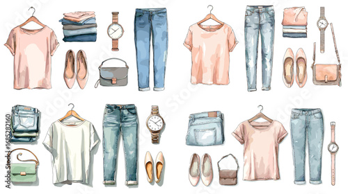 






Stylish watercolor clothes and accessories illustration with jeans, t-shirts, shoes, and bags. Ideal for fashion blogs, lookbooks, and lifestyle branding.