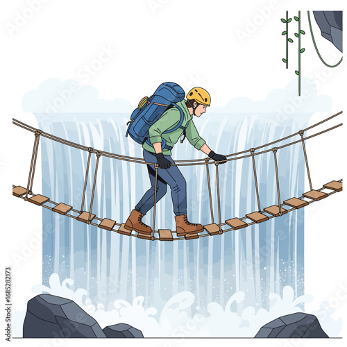 Explorer crossing waterfall bridge.ai illustration of a person with a backpack carefully walking on a rope bridge over a waterfall in a jungle