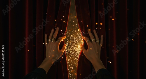 Golden sparks burst forth as hands dramatically part heavy, crimson curtains, revealing a magical light.