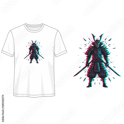 Glitch Effect Samurai T-Shirt Illustration with Japanese Warrior and Distorted Lines