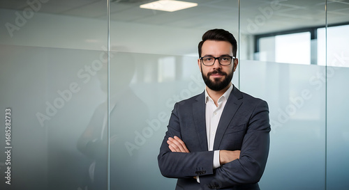 Confident business man portrait in office professional corporate headshot stock photo image for website