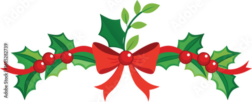 Christmas fir garlands, red bow and jingle bells. Flat vector illustration on transparent background