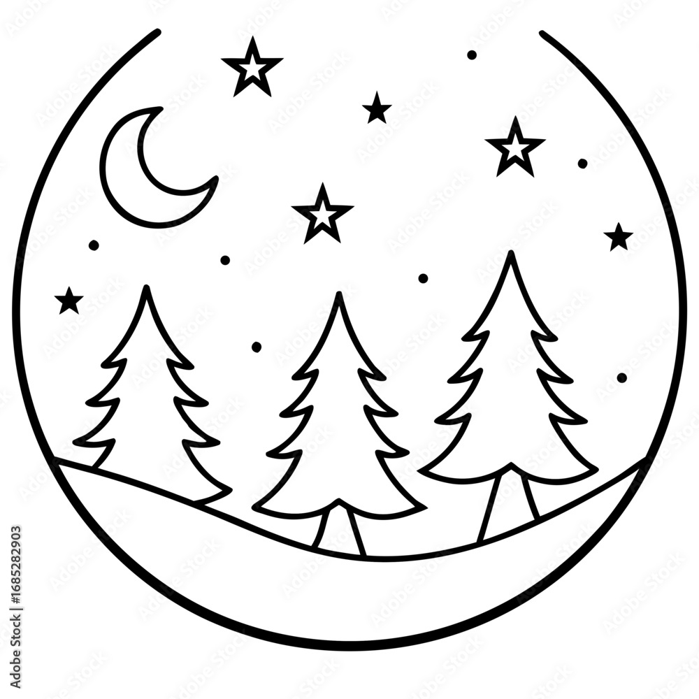 Fototapeta premium Starry Night Over Forest Line Art