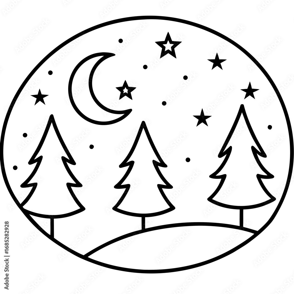 Fototapeta premium Starry Night Over Forest Line Art