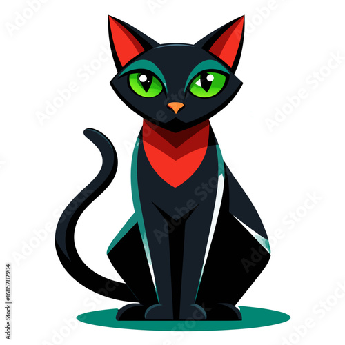 Stylized black cat with vibrant green eyes and red accents
