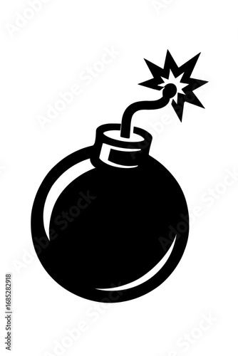 Black and white cartoon bomb icon with a lit fuse and starburst effect, symbolizing danger, explosion, countdown, urgency, or a game power-up. Ideal for web graphics, vector art, warning symbols, or c
