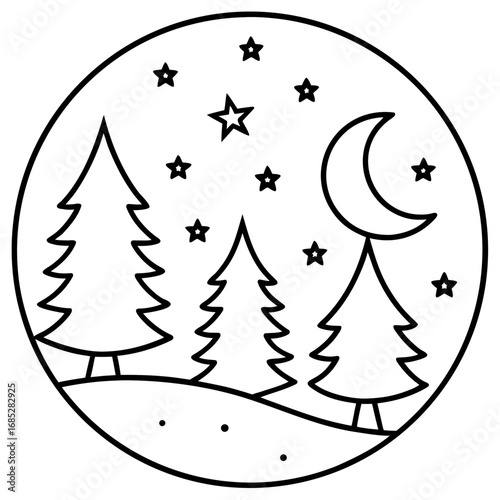 Starry Night Over Forest Line Art