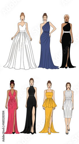 Elegant evening gowns fashion collection featuring diverse styles and colors for formal events