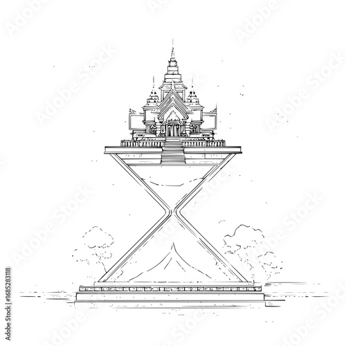 Hourglass temple architecture drawing intricate design time concept sketch illustration asian building style art