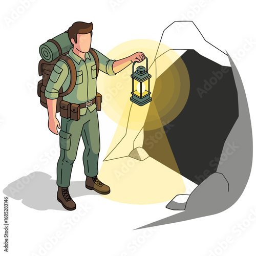 Jungle Cave Explorer with Lantern Vector. An adventurer holding a lantern, illuminating the entrance of a dark cave, ready for a discovery journey
