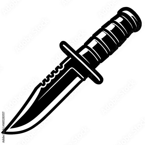 Black and white vector illustration of a tactical fixed blade knife, with serrated spine, crossguard, and textured handle. Great for military, survival, outdoor, hunting, graphic design, symbolizing p
