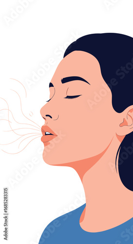 Woman breathing deeply experiencing calm and peace while exhaling fresh air