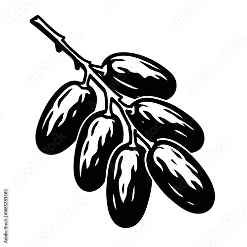 Black and white silhouette: date fruit cluster on stem. Minimalist vector graphic for healthy, organic, sweet, natural produce. Culinary branding, vegan nutrition, energy snacks. SEO-friendly illustra